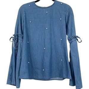 Dizzy Lizzy Chambray Pearl Embellished Boho Flounce Bell Sleeve Top Small